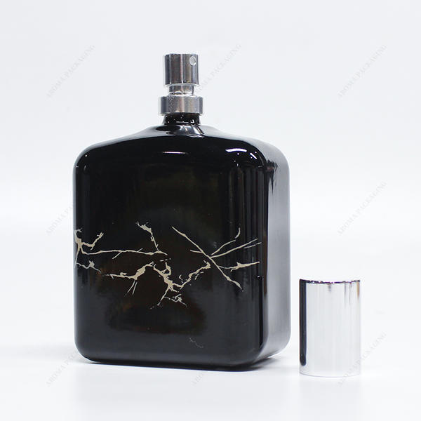 無料サンプルカスタムパターンロゴブラックガラス香水瓶、個人用キャップ付き