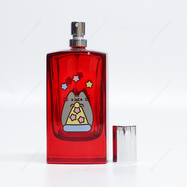 無料サンプルかわいい猫のパターンの正方形のガラス香水瓶、ポンプサポートカスタム付き
