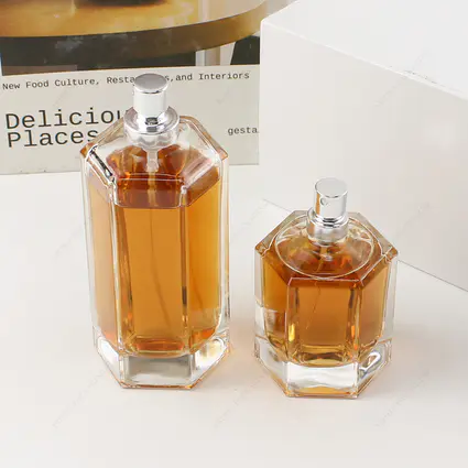 Muestra gratuita de la botella de perfume de vidrio grueso en forma de octágono con tapa de metal para la piel