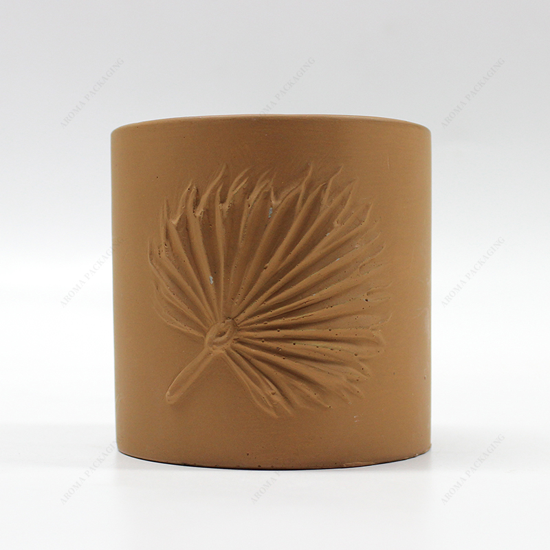 Thick Bottom Fan Pattern Round Matte Yellow Concrete Candle Jar with Lid 
