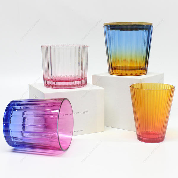 Free Sample Stripes Gradient Color Round Glass Candle Jar with Packaging Gifts