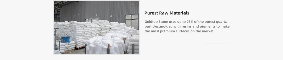 Goldtop Stone utilise jusqu’à 93% des particules de quartz les plus pures, moulées avec des résines et des pigments pour fabriquer les surfaces les plus haut de gamme sur le marché.