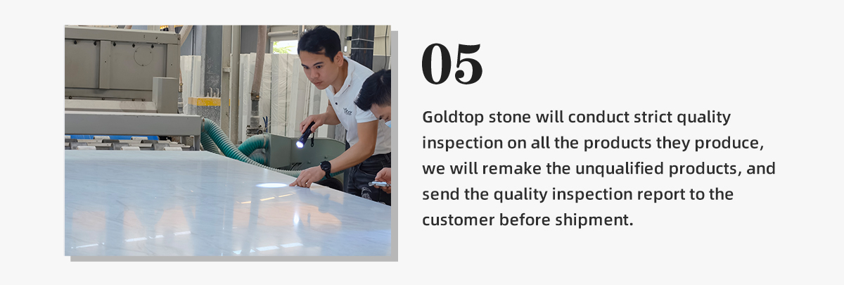 Kámen Goldtop provede přísnou kontrolu kvality všech produktů, které vyrábí, předěláme nekvalifikované produkty a před odesláním zašleme zákazníkovi zprávu o kontrole kvality.