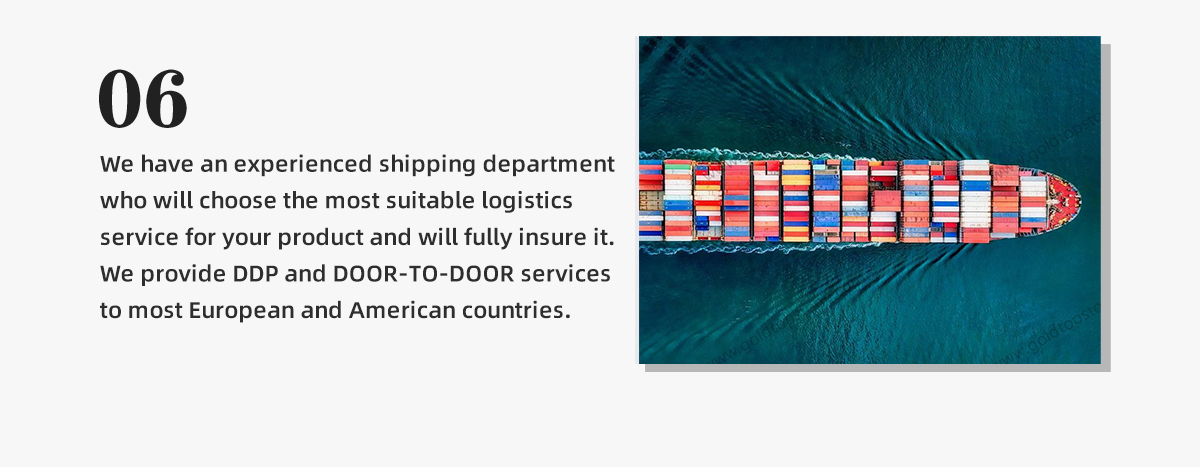 Contamos con un departamento de envíos experimentado que elegirá el servicio logístico más adecuado para su producto y lo asegurará por completo.  Ofrecemos servicios DDP y DOOR-TO-DOOR a la mayoría de los países europeos y americanos.