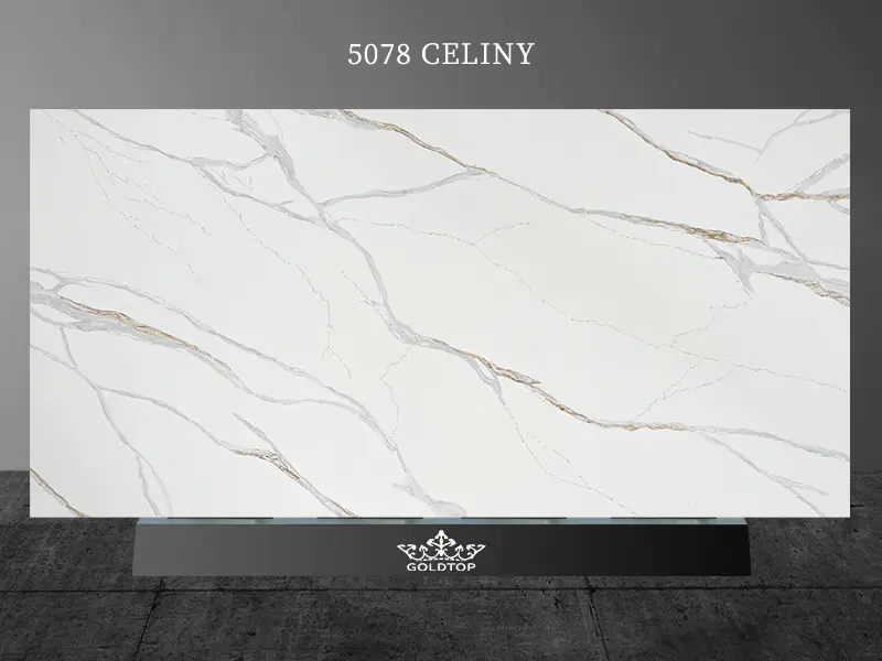 Celiny Quartz Countertops Slab White With Gold Texture 5078