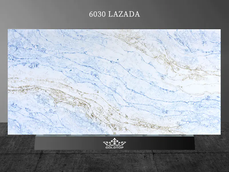 Lazada White Quartz With Blue And Gold Veins Countertops 6030