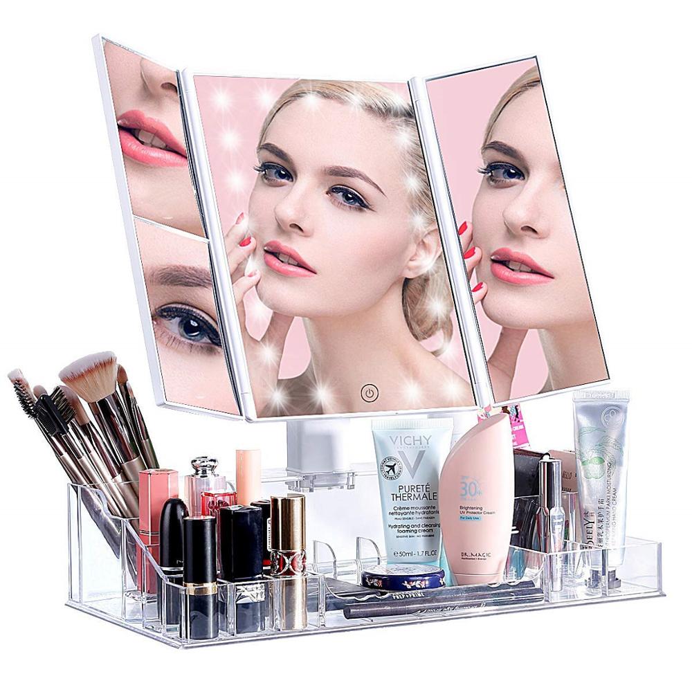 Tri-fold makeup vanity mirror with makeup storage box