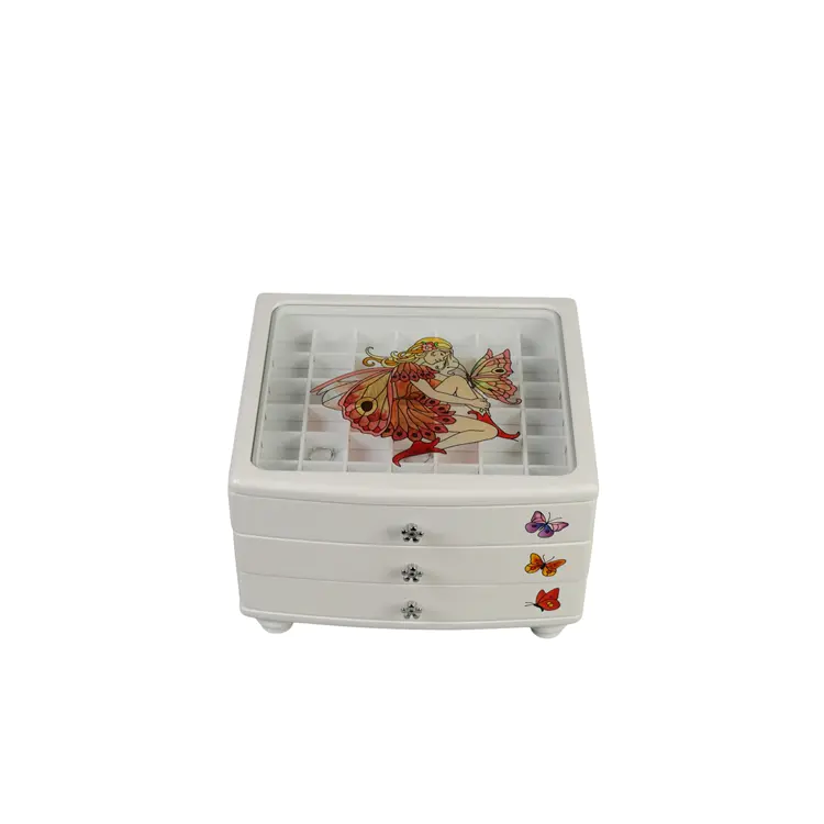 DSJ-1017 Solid Wood Packaging Butterfly Pattern Spray Paint Three Layers Jewelry Box Wooden Jewelry Box