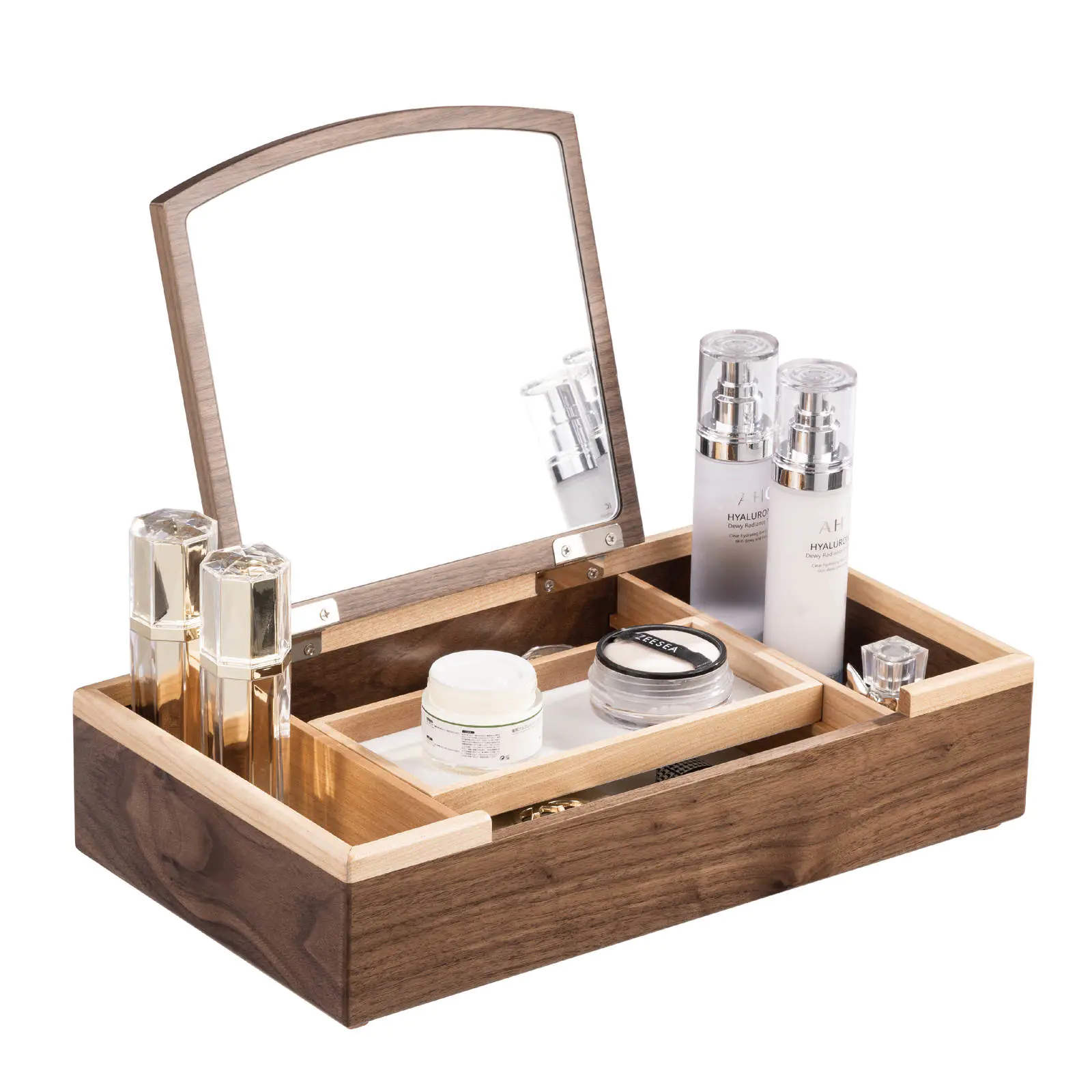 DS Walnut Wooden Makeup Box with Removable Tray