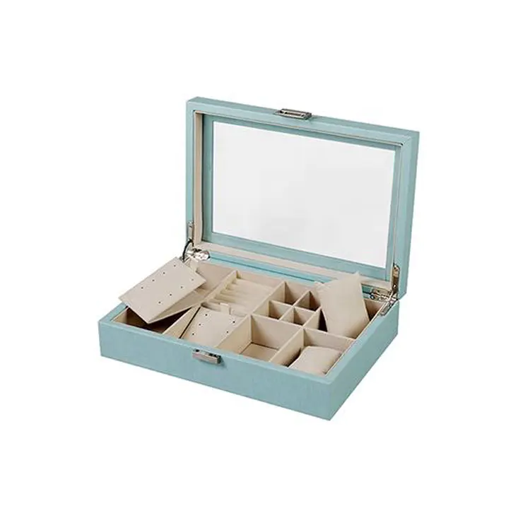 High End Light Blue Earrings Jewelry Packaging Handmade Wood Rectangle MDF Window Wooden Jewelry Box