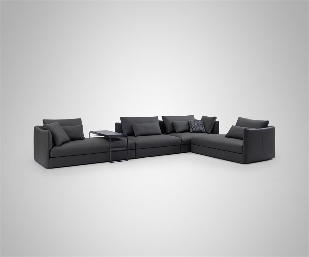 Sectional Black Genuine Modern Leather Sofa