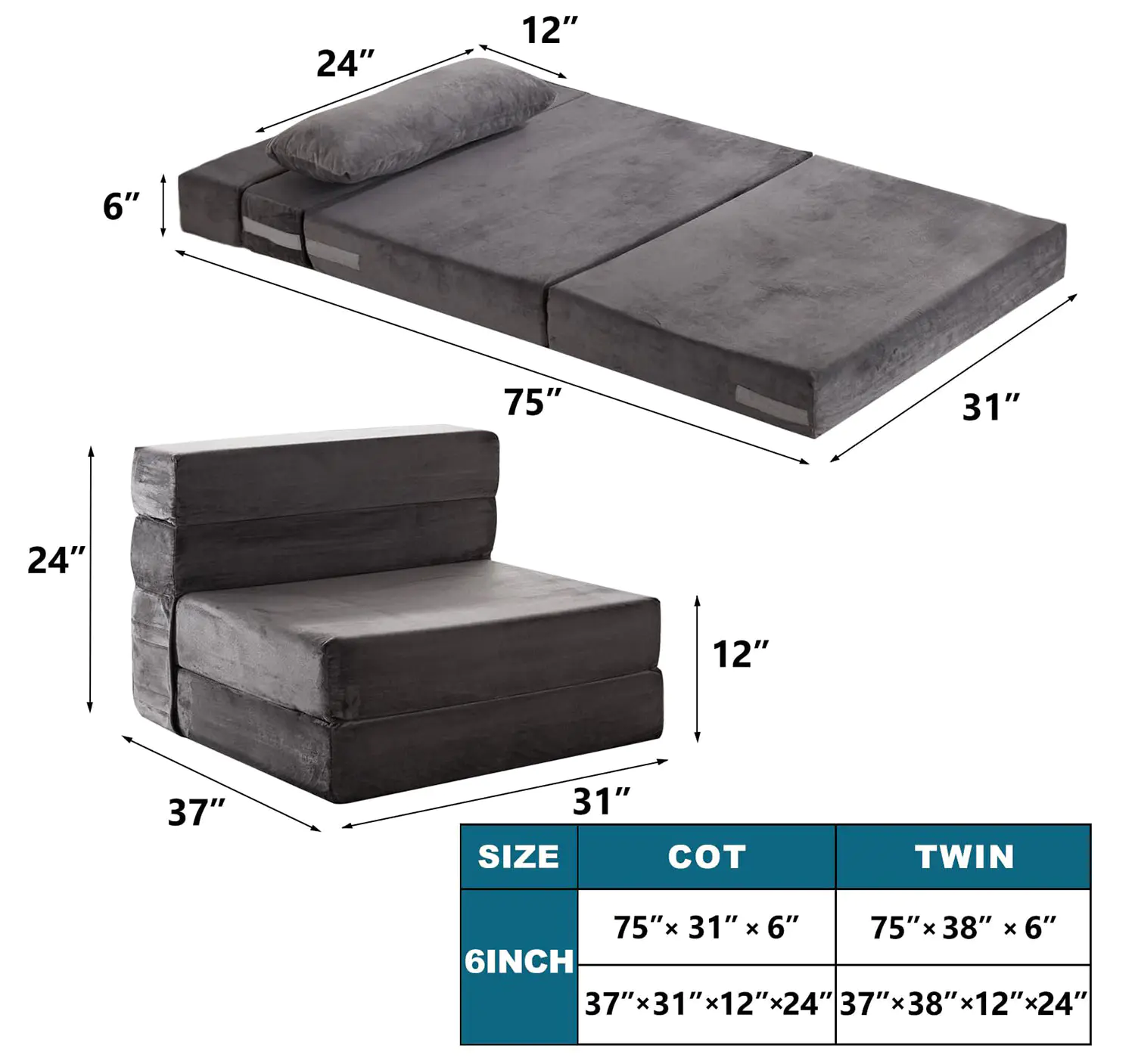 Memory Foam Folding Sofa Couch Bed with Pillow Sleeper